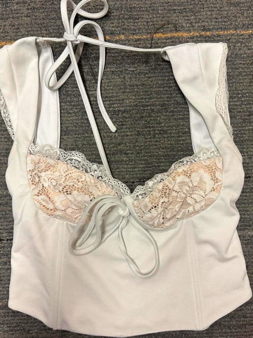 Lace-Trim Halter Bustier in White with Blush Lace